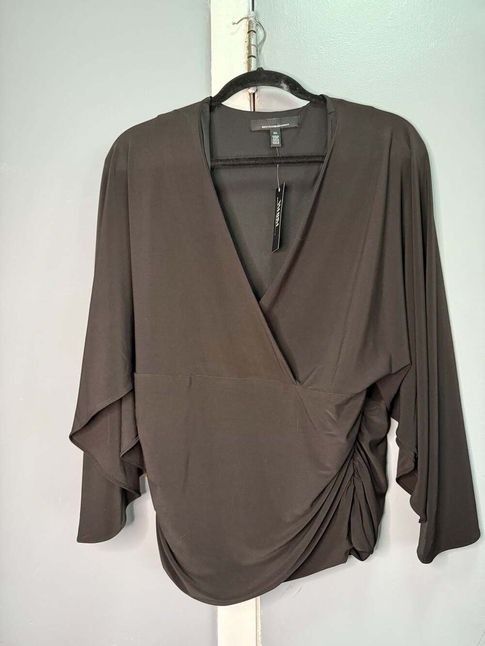 White House Black Market Blouse Size XL Black Surplice Angel Sleeve Top